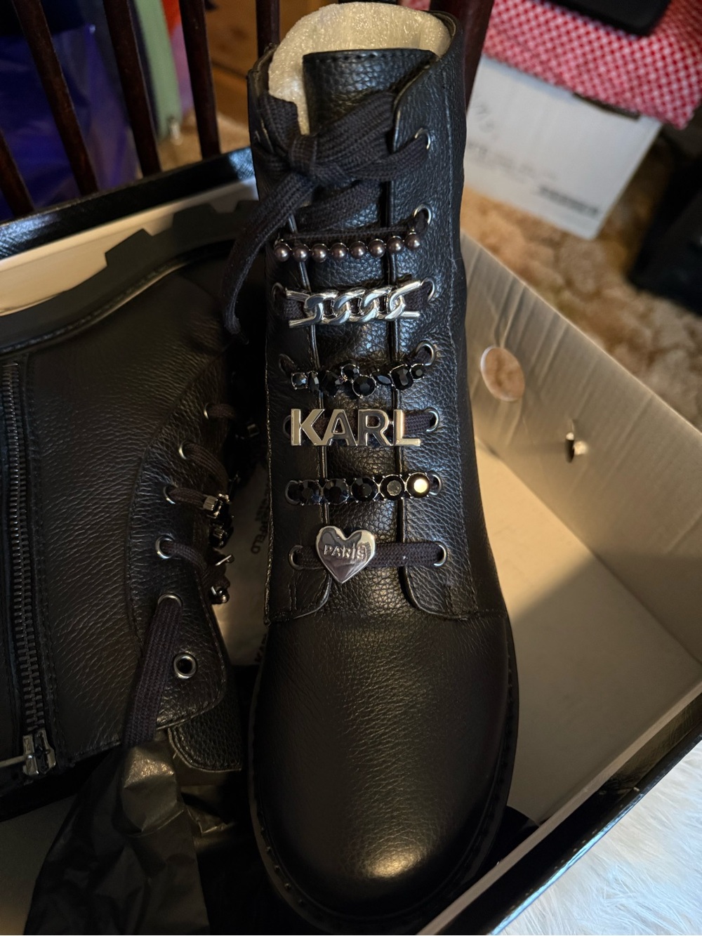 KARL LAGERFELD PARIS Mela Black Lace-Up Lug Boot with Silver Hardware. - Picture 7 of 9